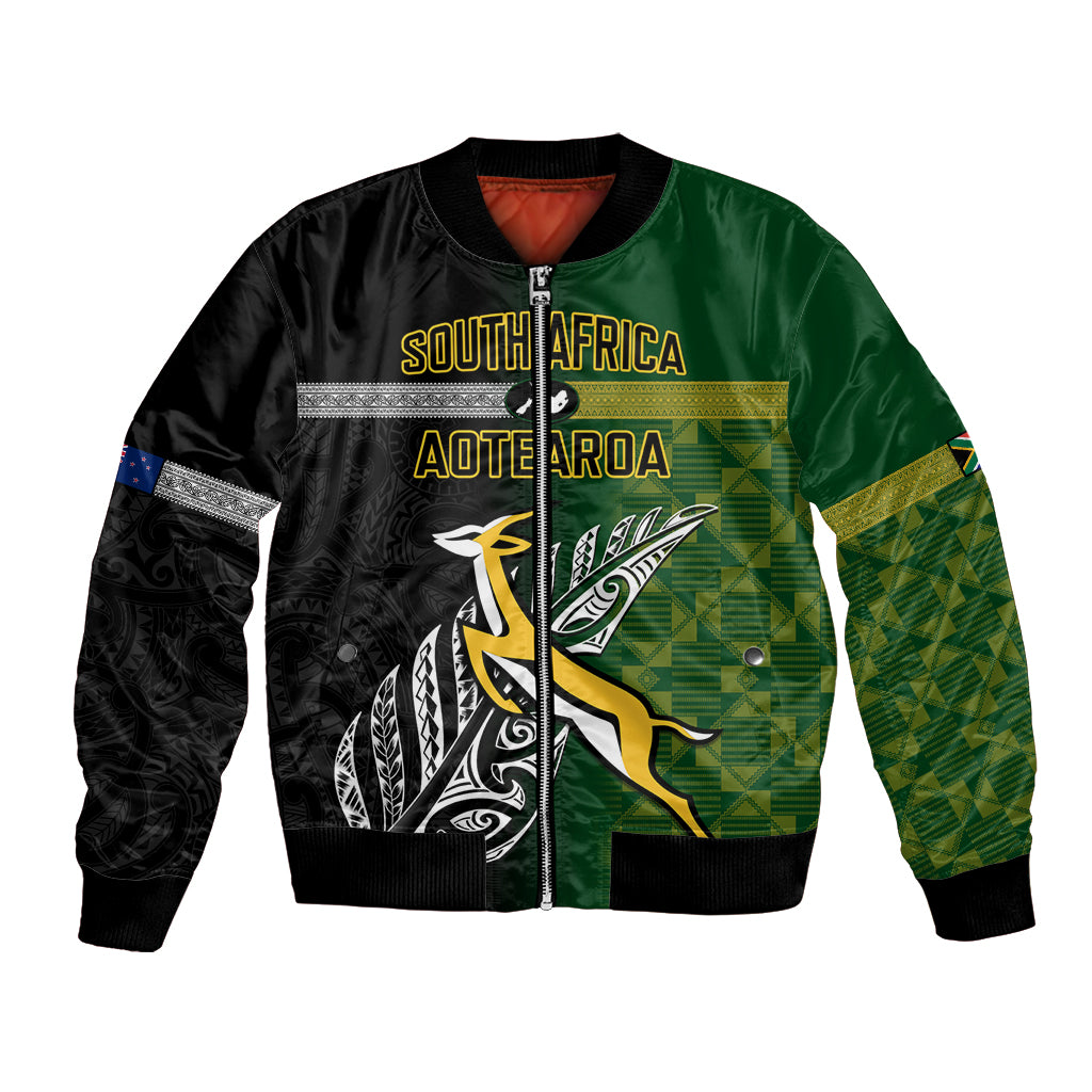 Unisex black bomber jacket with South Africa and Aotearoa front graphic
