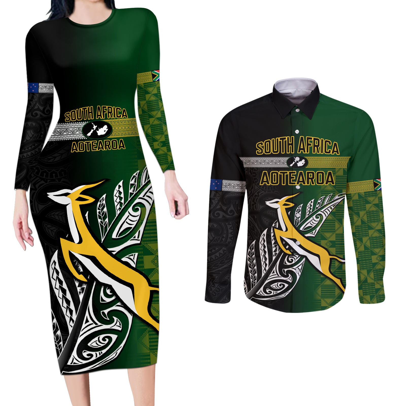 Personalised New Zealand and South Africa Rugby Couples Matching Long Sleeve Bodycon Dress and Long Sleeve Button Shirt 2023 World Cup Final All Black Springboks Together - Wonder Print Shop