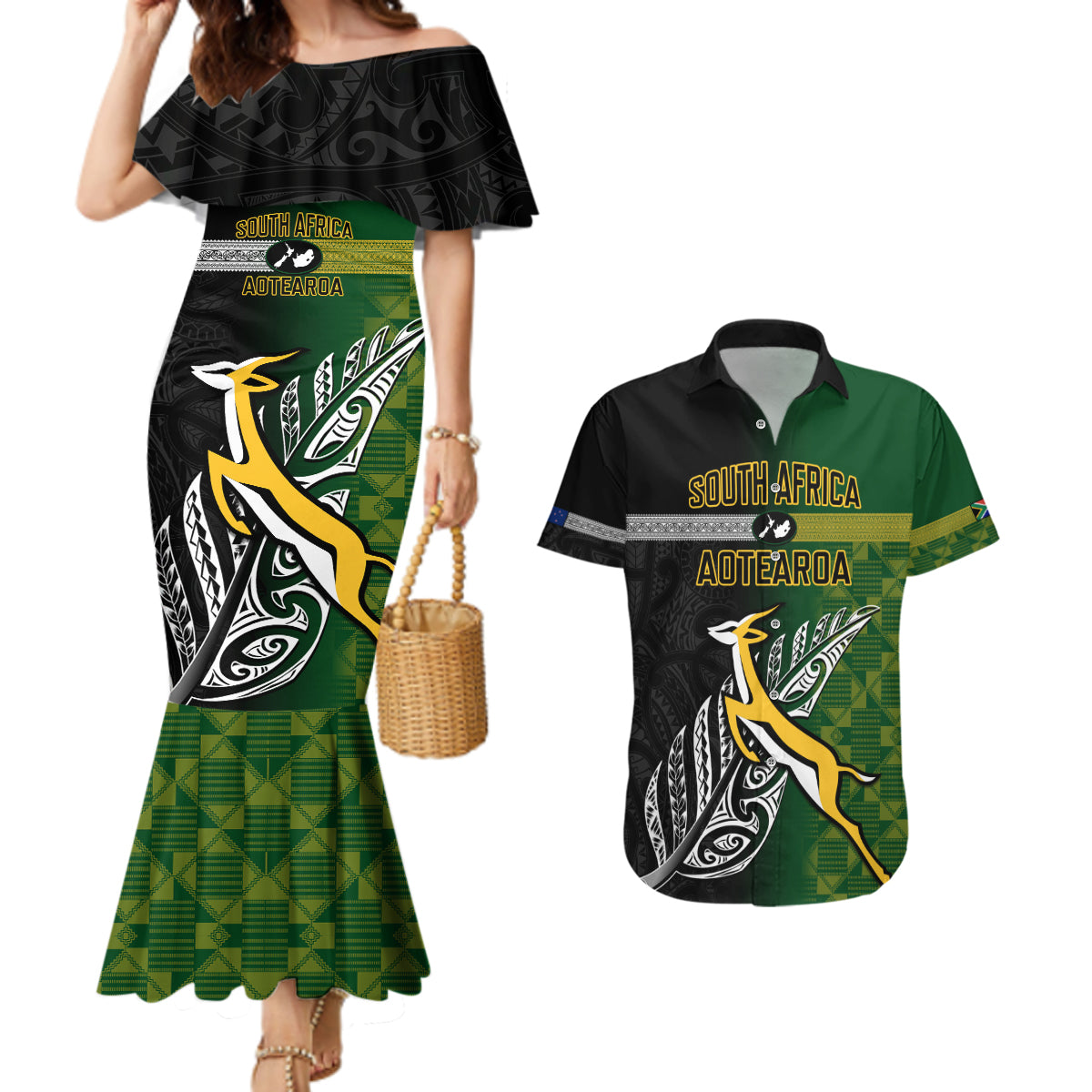 Personalised New Zealand and South Africa Rugby Couples Matching Mermaid Dress and Hawaiian Shirt 2023 World Cup Final All Black Springboks Together - Wonder Print Shop