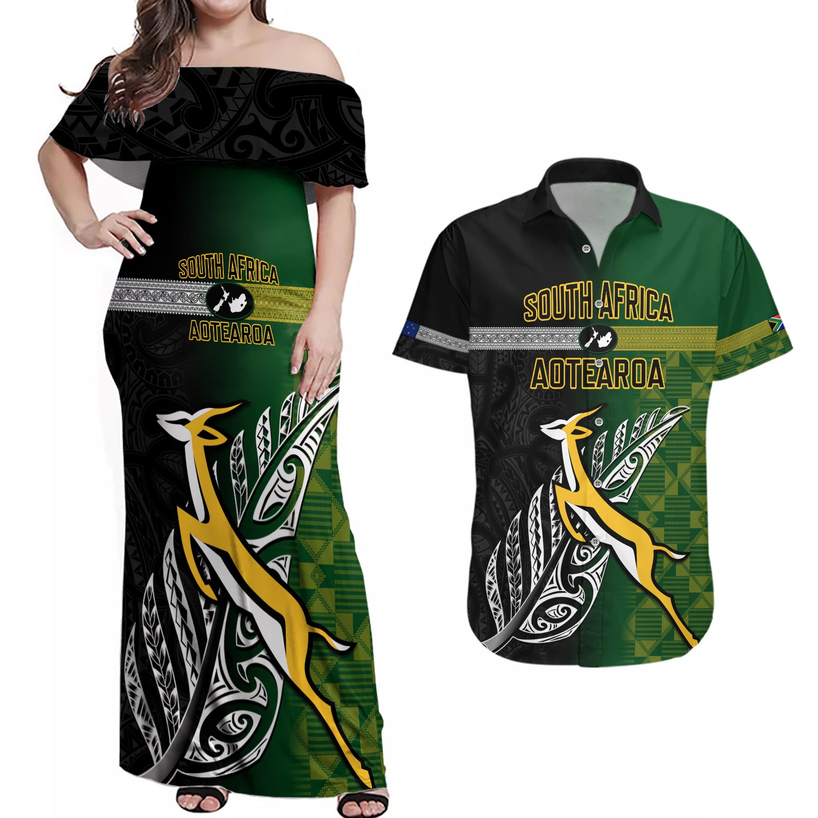 Personalised New Zealand and South Africa Rugby Couples Matching Off Shoulder Maxi Dress and Hawaiian Shirt 2023 World Cup Final All Black Springboks Together - Wonder Print Shop