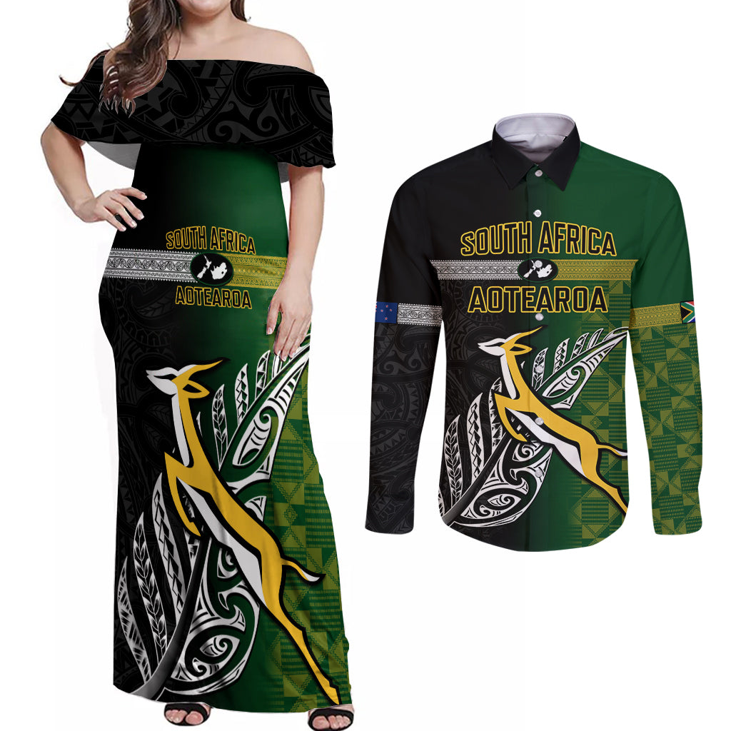 Personalised New Zealand and South Africa Rugby Couples Matching Off Shoulder Maxi Dress and Long Sleeve Button Shirt 2023 World Cup Final All Black Springboks Together - Wonder Print Shop