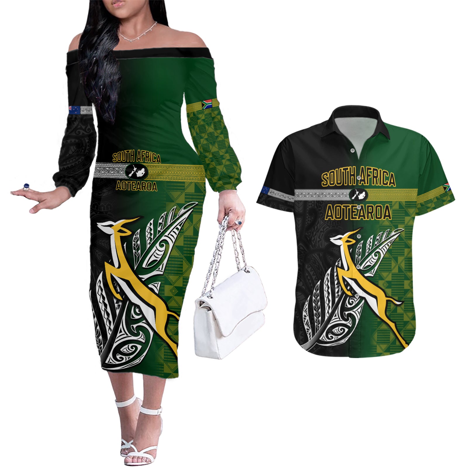 Personalised New Zealand and South Africa Rugby Couples Matching Off The Shoulder Long Sleeve Dress and Hawaiian Shirt 2023 World Cup Final All Black Springboks Together - Wonder Print Shop