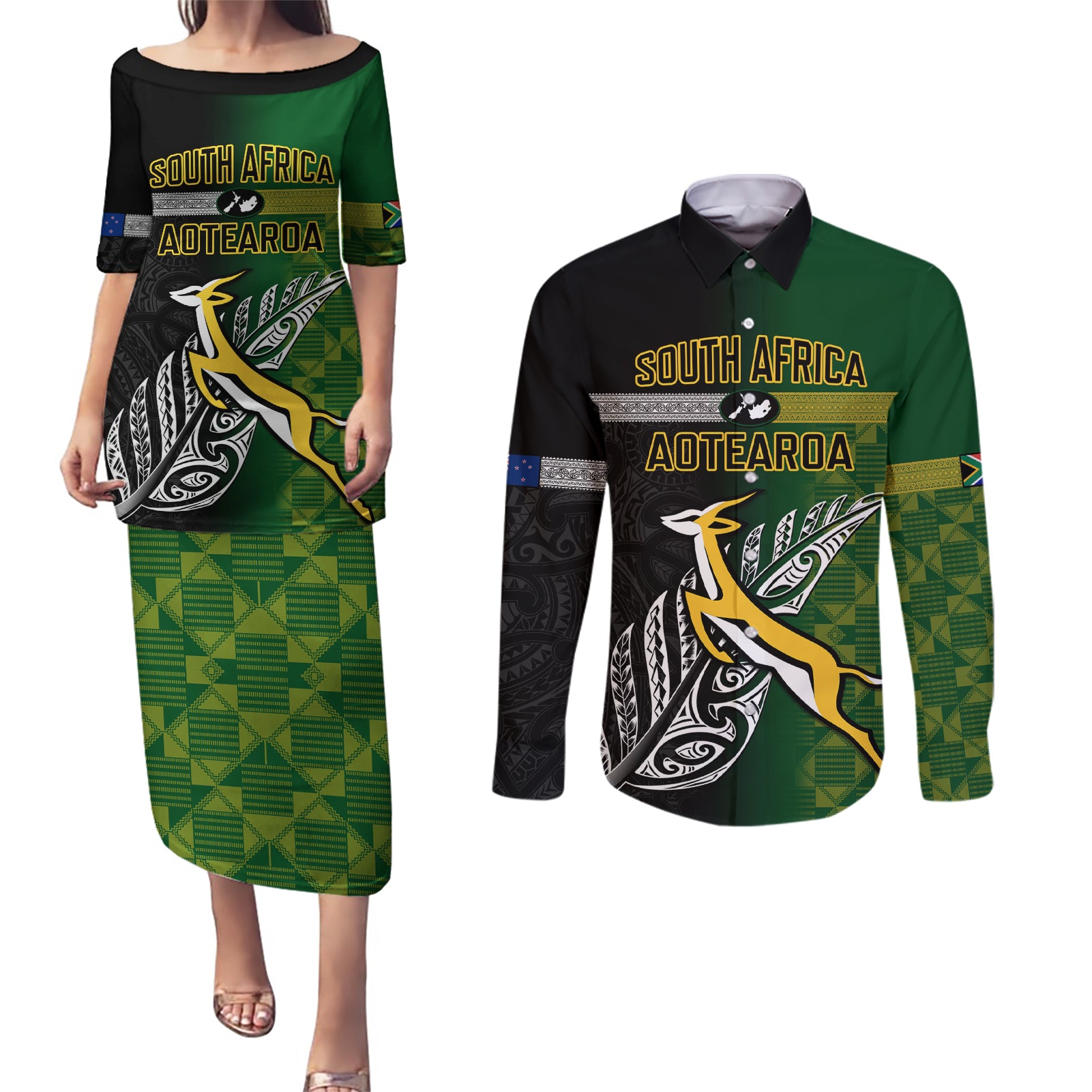 Personalised New Zealand and South Africa Rugby Couples Matching Puletasi Dress and Long Sleeve Button Shirt 2023 World Cup Final All Black Springboks Together - Wonder Print Shop