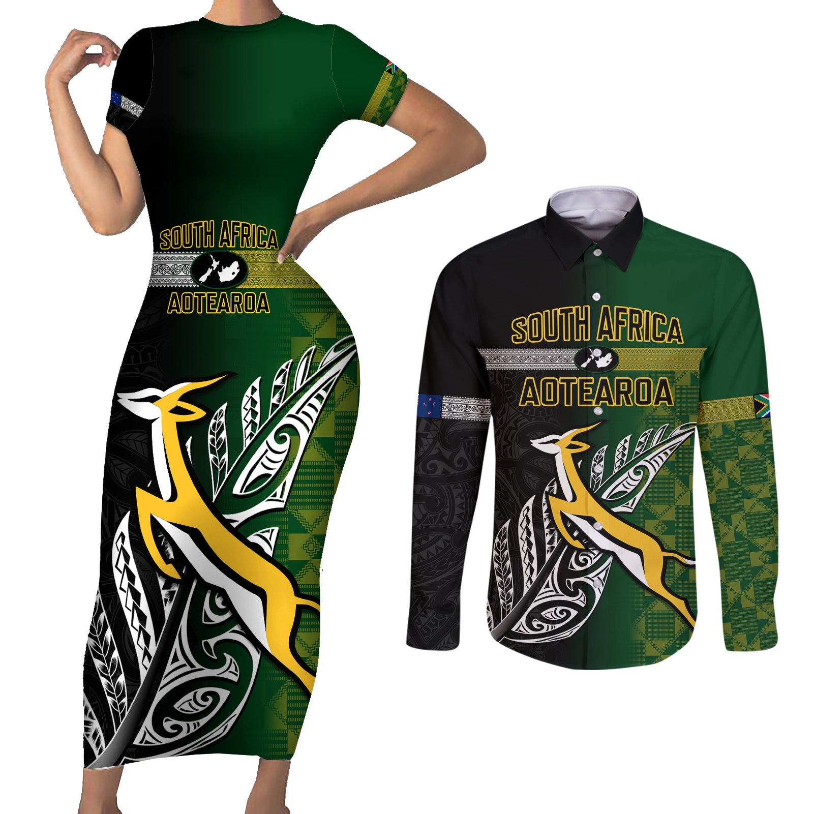 Personalised New Zealand and South Africa Rugby Couples Matching Short Sleeve Bodycon Dress and Long Sleeve Button Shirt 2023 World Cup Final All Black Springboks Together - Wonder Print Shop