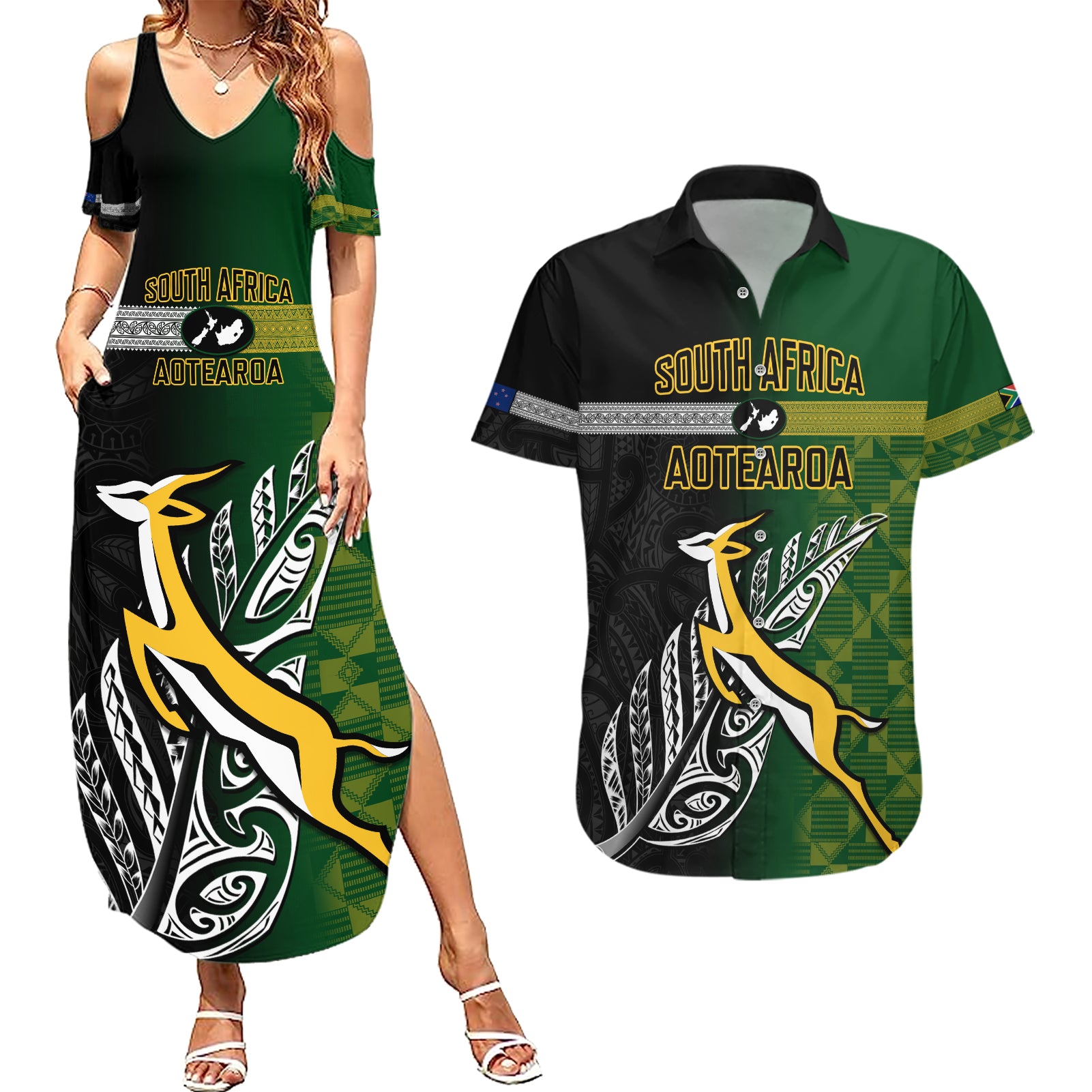 Personalised New Zealand and South Africa Rugby Couples Matching Summer Maxi Dress and Hawaiian Shirt 2023 World Cup Final All Black Springboks Together - Wonder Print Shop