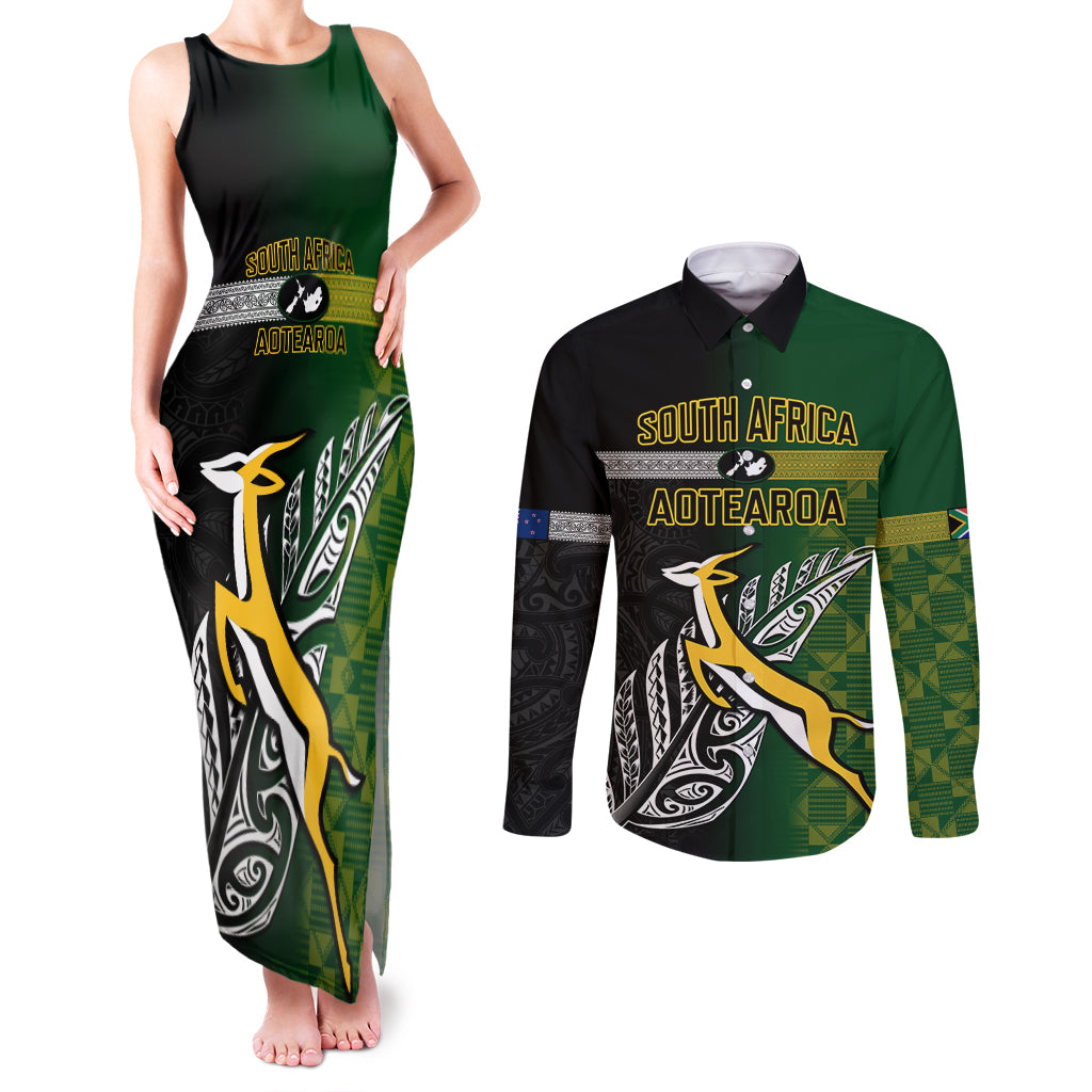 Personalised New Zealand and South Africa Rugby Couples Matching Tank Maxi Dress and Long Sleeve Button Shirt 2023 World Cup Final All Black Springboks Together - Wonder Print Shop