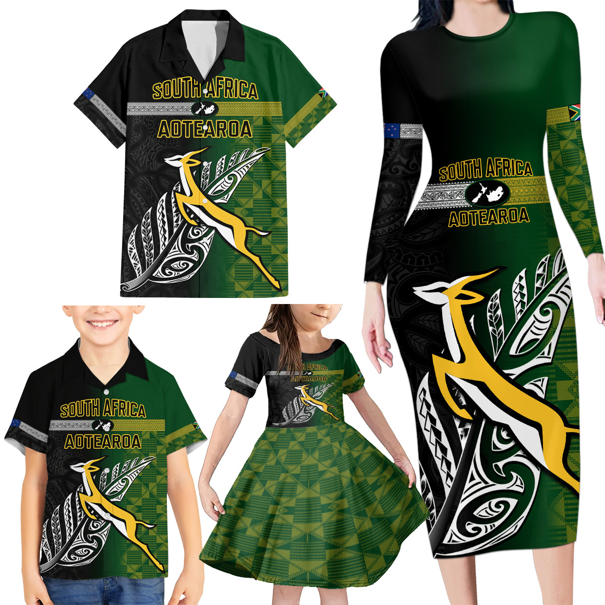 Personalised New Zealand and South Africa Rugby Family Matching Long Sleeve Bodycon Dress and Hawaiian Shirt 2023 World Cup Final All Black Springboks Together - Wonder Print Shop