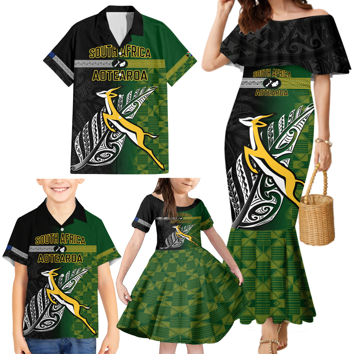 Personalised New Zealand and South Africa Rugby Family Matching Mermaid Dress and Hawaiian Shirt 2023 World Cup Final All Black Springboks Together - Wonder Print Shop