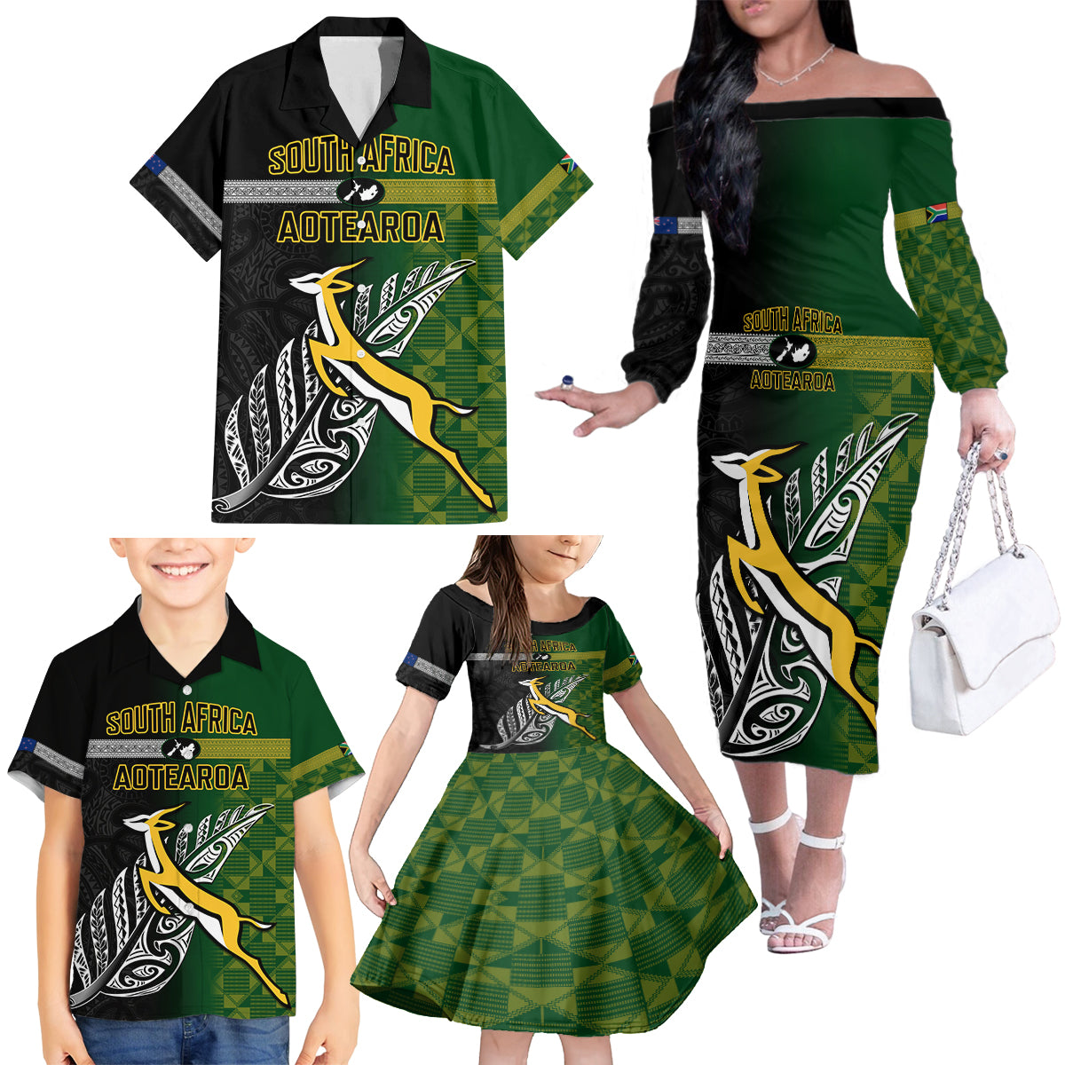 Personalised New Zealand and South Africa Rugby Family Matching Off Shoulder Long Sleeve Dress and Hawaiian Shirt 2023 World Cup Final All Black Springboks Together - Wonder Print Shop