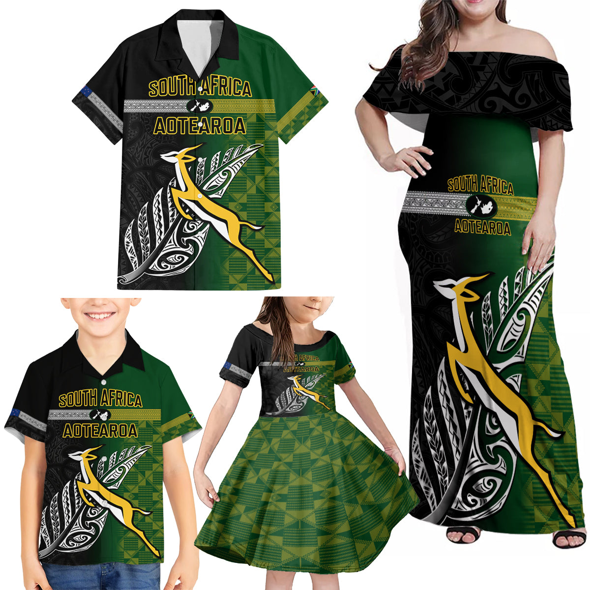 Personalised New Zealand and South Africa Rugby Family Matching Off Shoulder Maxi Dress and Hawaiian Shirt 2023 World Cup Final All Black Springboks Together - Wonder Print Shop