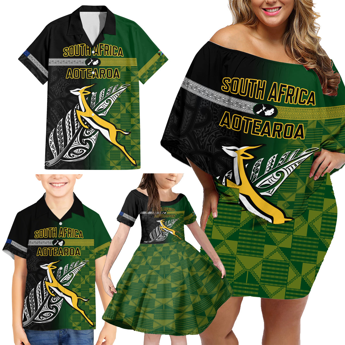 Personalised New Zealand and South Africa Rugby Family Matching Off Shoulder Short Dress and Hawaiian Shirt 2023 World Cup Final All Black Springboks Together - Wonder Print Shop