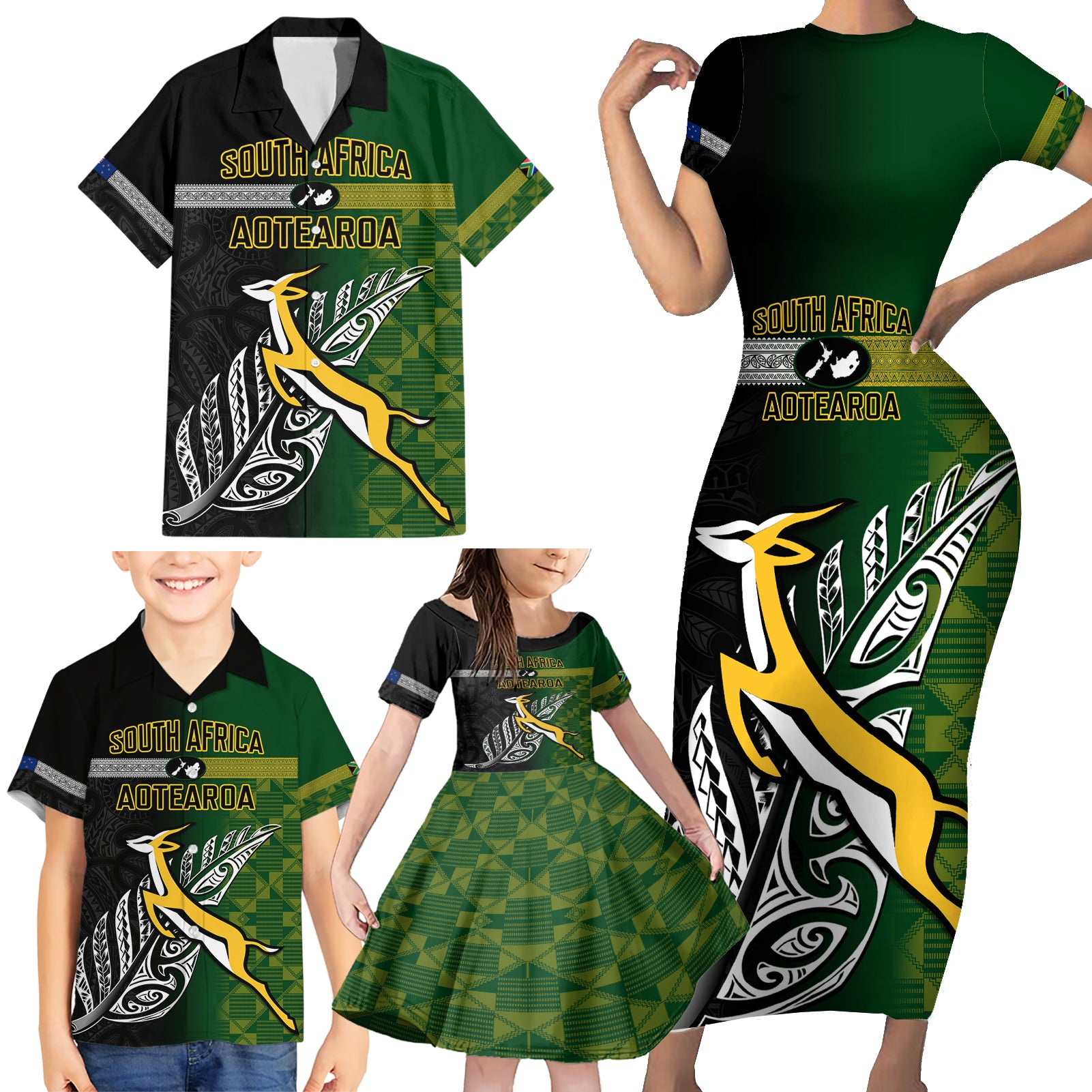 Personalised New Zealand and South Africa Rugby Family Matching Short Sleeve Bodycon Dress and Hawaiian Shirt 2023 World Cup Final All Black Springboks Together - Wonder Print Shop