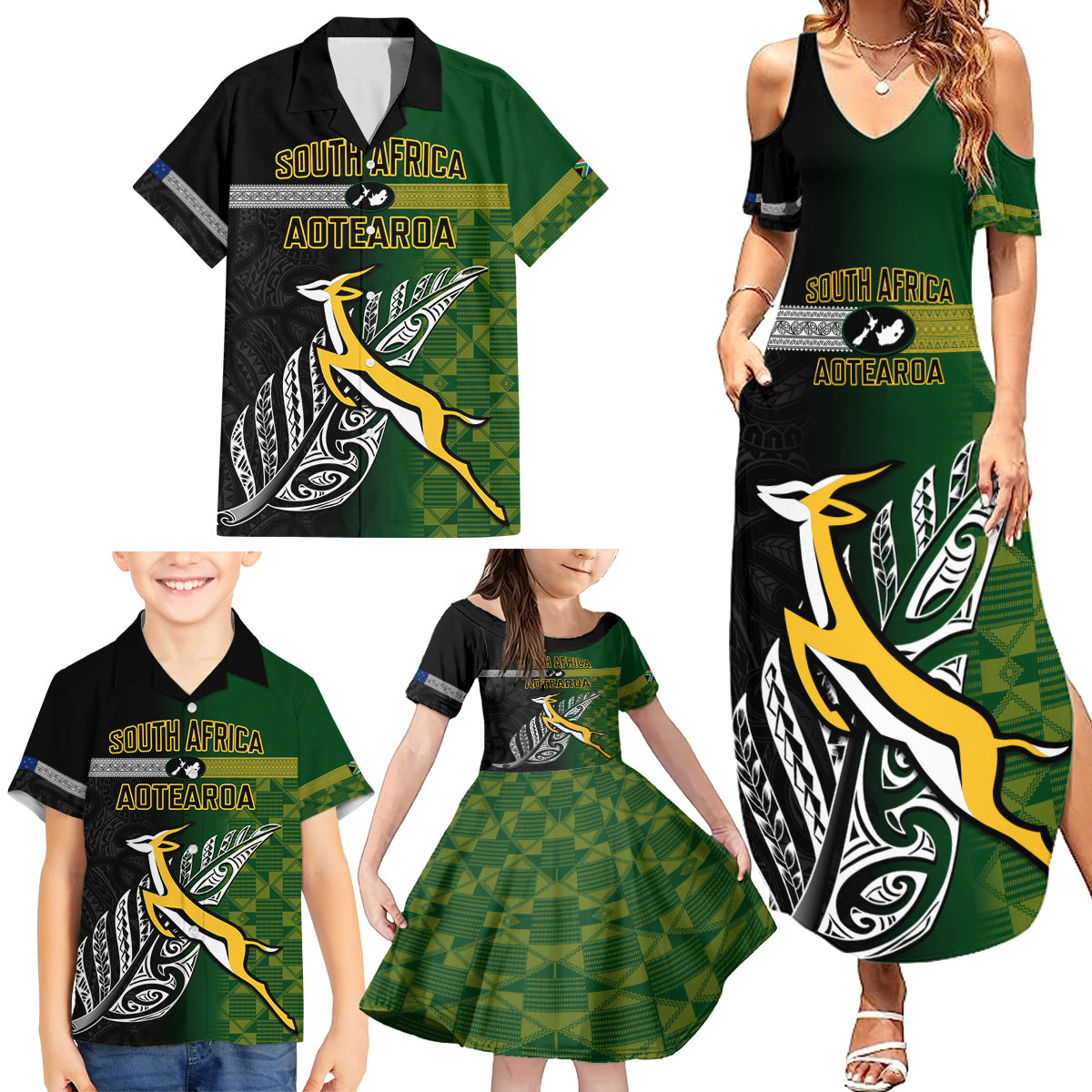 Personalised New Zealand and South Africa Rugby Family Matching Summer Maxi Dress and Hawaiian Shirt 2023 World Cup Final All Black Springboks Together - Wonder Print Shop