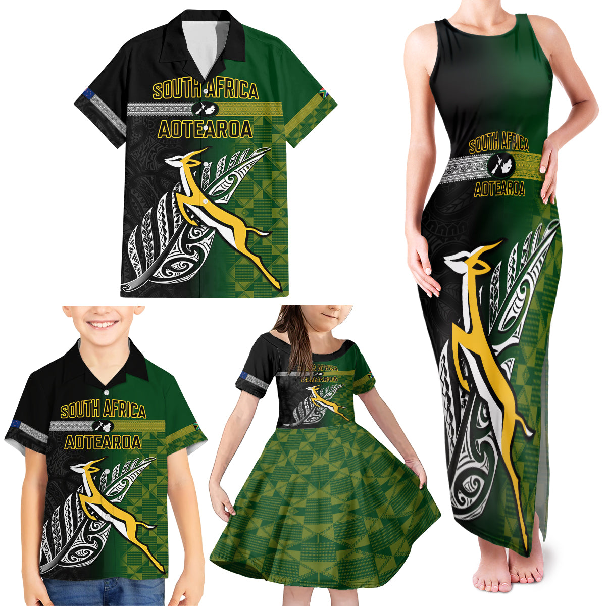 Personalised New Zealand and South Africa Rugby Family Matching Tank Maxi Dress and Hawaiian Shirt 2023 World Cup Final All Black Springboks Together - Wonder Print Shop