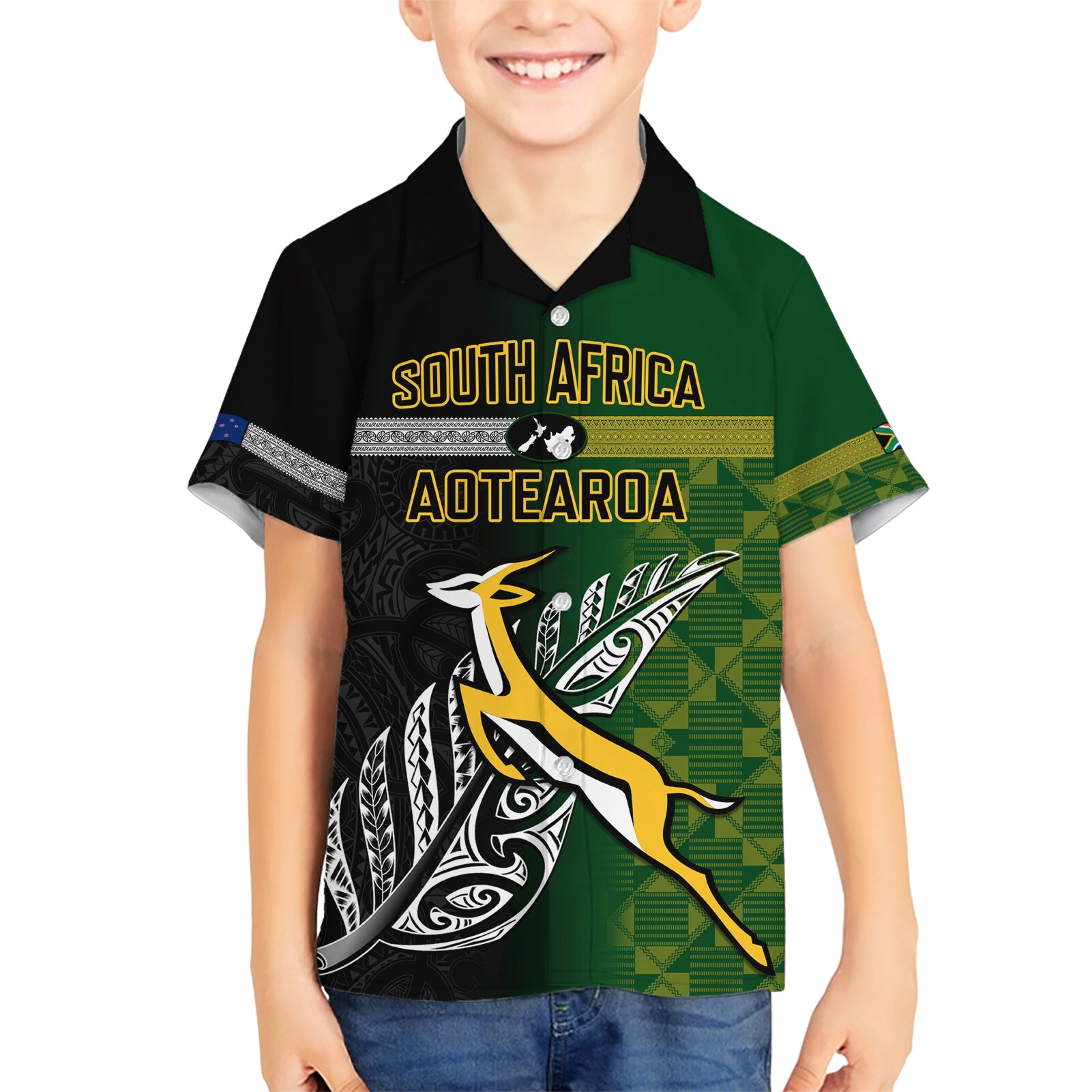 Personalised New Zealand and South Africa Rugby Kid Hawaiian Shirt 2023 World Cup Final All Black Springboks Together - Wonder Print Shop