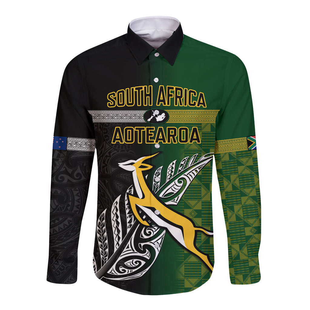 Personalised New Zealand and South Africa Rugby Long Sleeve Button Shirt 2023 World Cup Final All Black Springboks Together - Wonder Print Shop