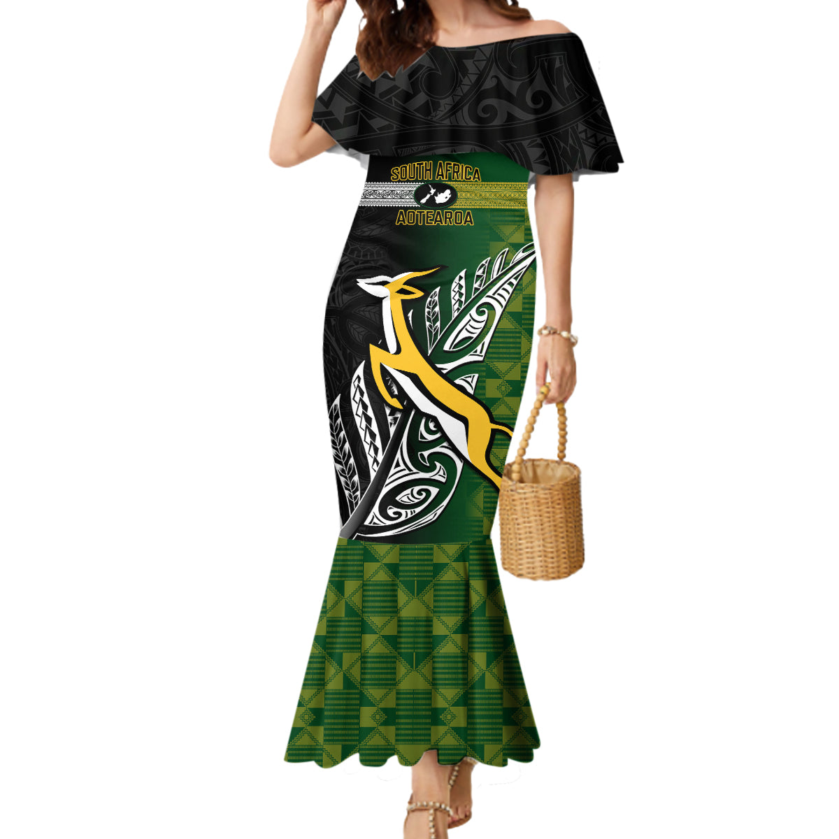 Personalised New Zealand and South Africa Rugby Mermaid Dress 2023 World Cup Final All Black Springboks Together - Wonder Print Shop