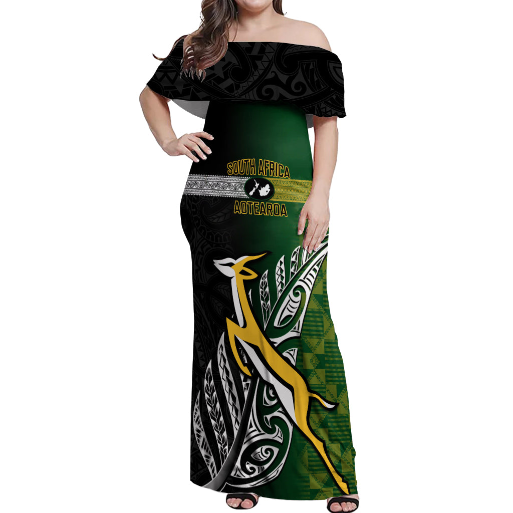 Personalised New Zealand and South Africa Rugby Off Shoulder Maxi Dress 2023 World Cup Final All Black Springboks Together - Wonder Print Shop