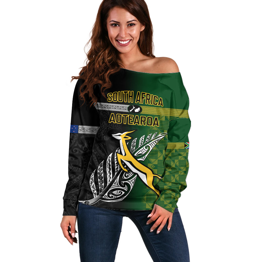 Personalised New Zealand and South Africa Rugby Off Shoulder Sweater 2023 World Cup Final All Black Springboks Together - Wonder Print Shop