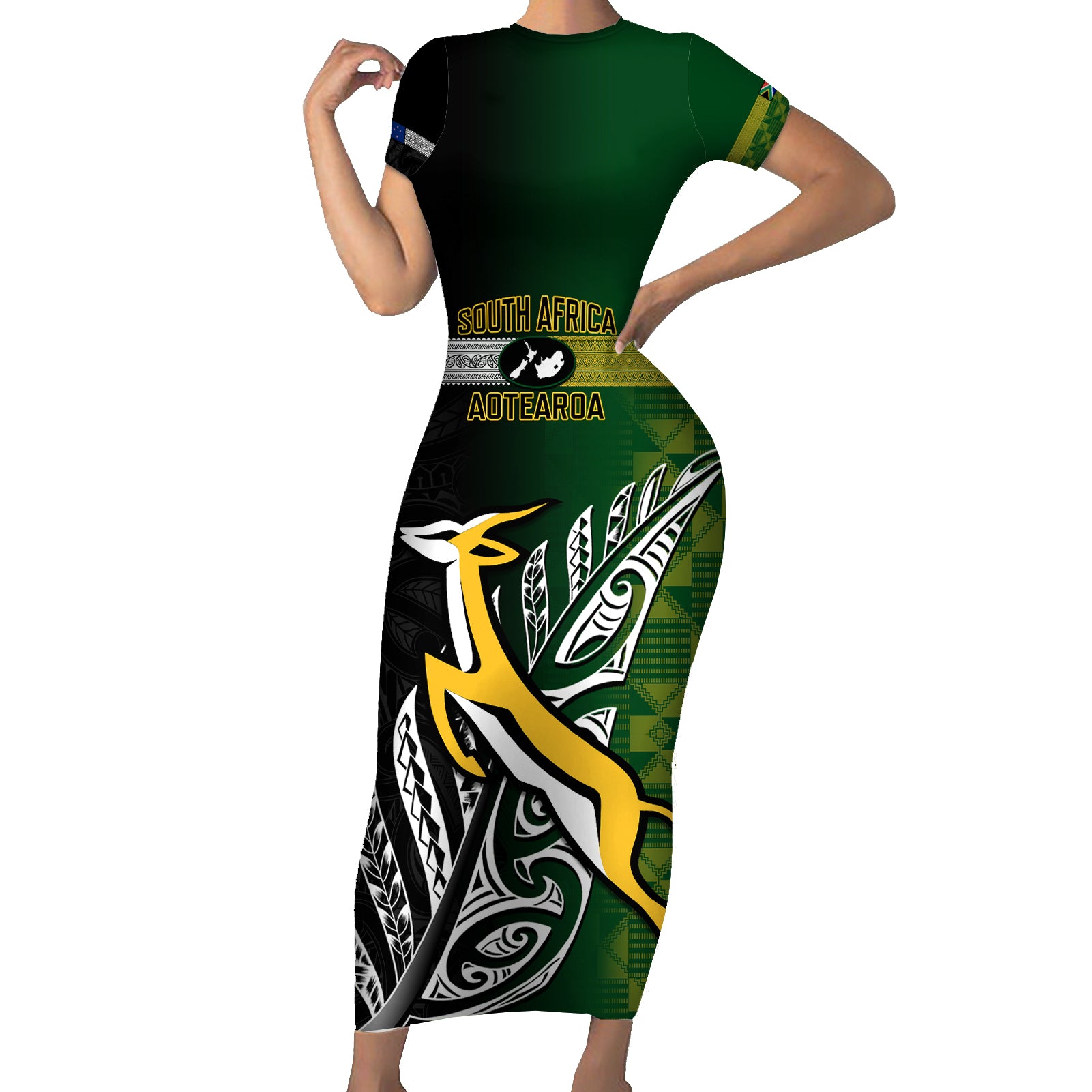 Personalised New Zealand and South Africa Rugby Short Sleeve Bodycon Dress 2023 World Cup Final All Black Springboks Together - Wonder Print Shop