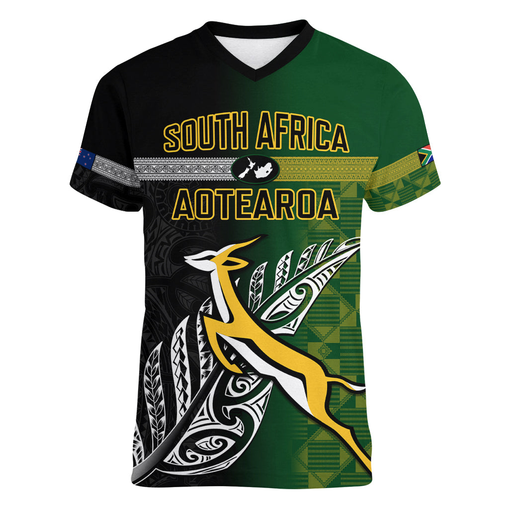 personalised-new-zealand-and-south-africa-rugby-women-v-neck-t-shirt-2023-world-cup-final-all-black-springboks-together