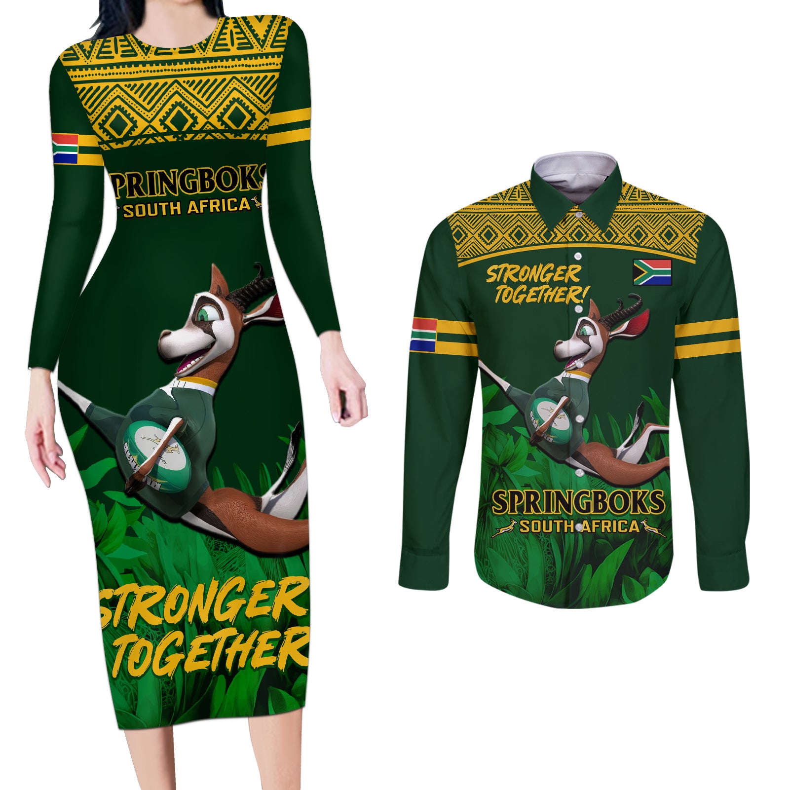 South Africa Rugby Couples Matching Long Sleeve Bodycon Dress and Long Sleeve Button Shirt Go Bokke World Cup Champions History - Wonder Print Shop