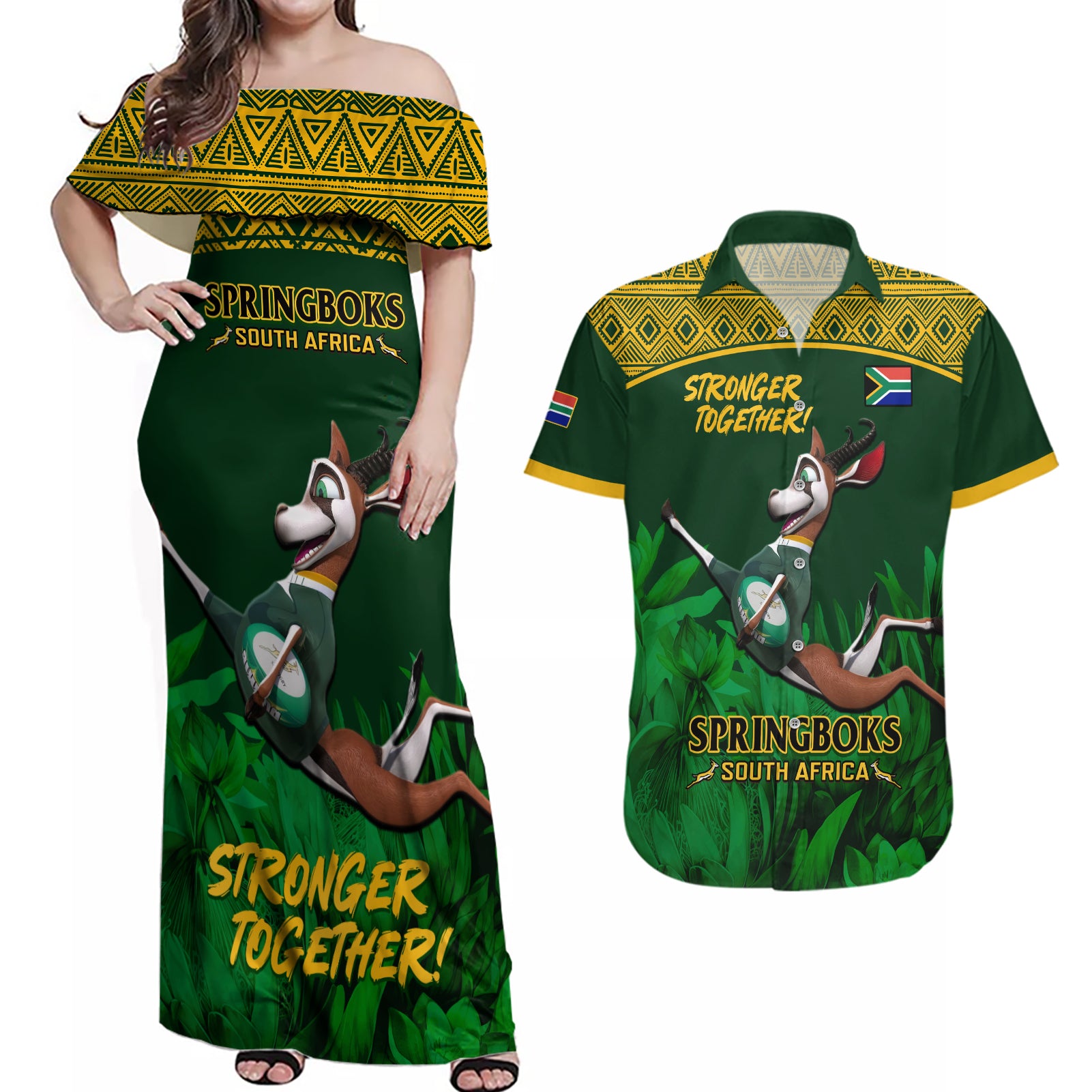 South Africa Rugby Couples Matching Off Shoulder Maxi Dress and Hawaiian Shirt Go Bokke World Cup Champions History - Wonder Print Shop