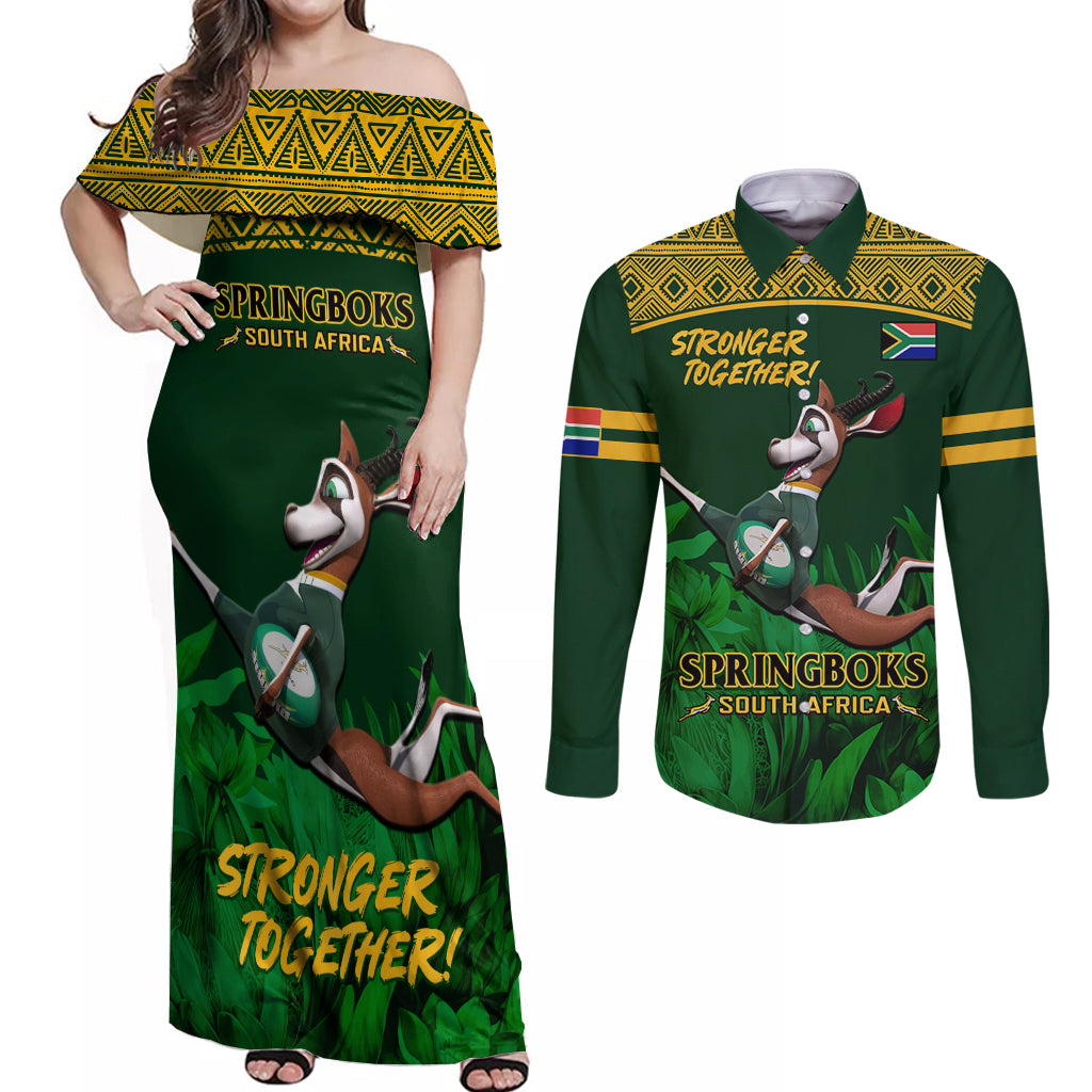 South Africa Rugby Couples Matching Off Shoulder Maxi Dress and Long Sleeve Button Shirt Go Bokke World Cup Champions History - Wonder Print Shop