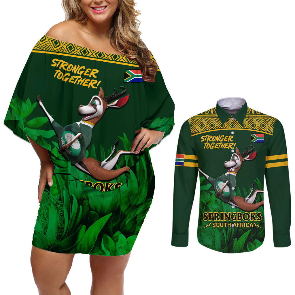 South Africa Rugby Couples Matching Off Shoulder Short Dress and Long Sleeve Button Shirt Go Bokke World Cup Champions History - Wonder Print Shop