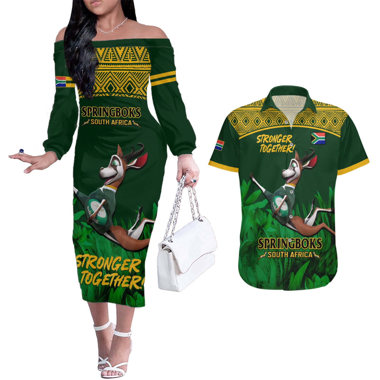 South Africa Rugby Couples Matching Off The Shoulder Long Sleeve Dress and Hawaiian Shirt Go Bokke World Cup Champions History - Wonder Print Shop