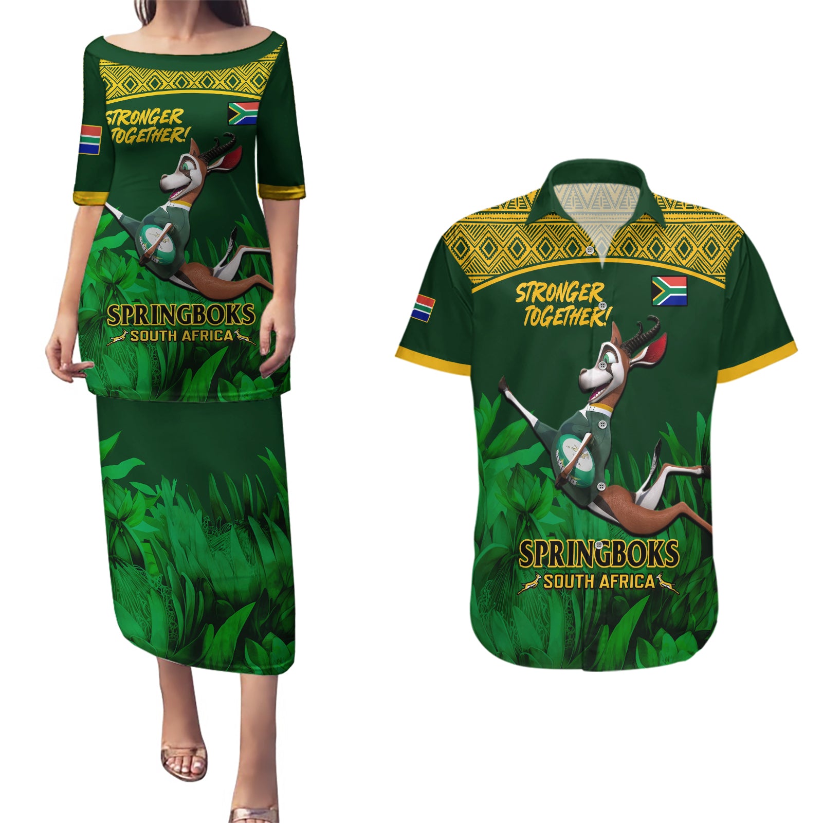 South Africa Rugby Couples Matching Puletasi Dress and Hawaiian Shirt Go Bokke World Cup Champions History - Wonder Print Shop