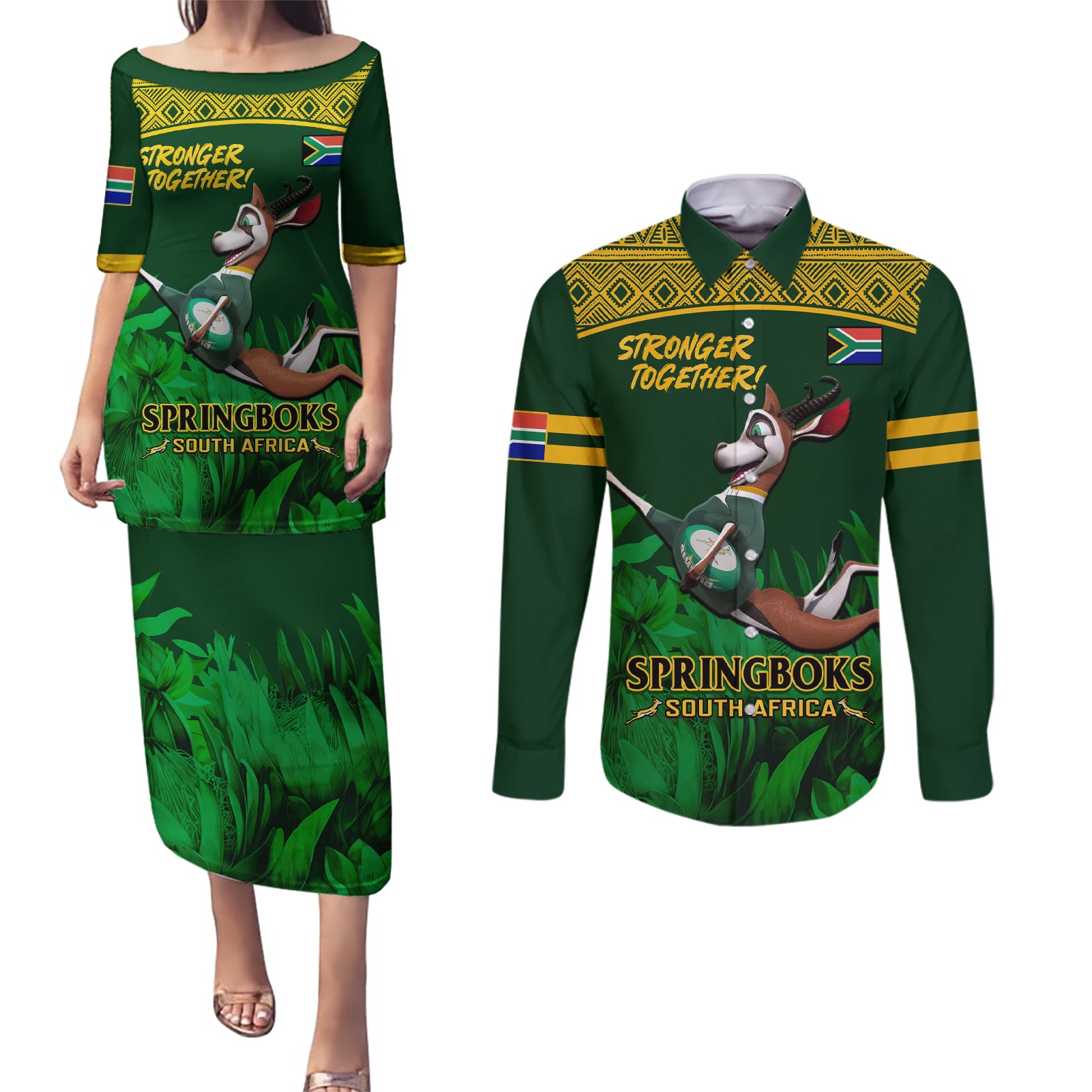 South Africa Rugby Couples Matching Puletasi Dress and Long Sleeve Button Shirt Go Bokke World Cup Champions History - Wonder Print Shop