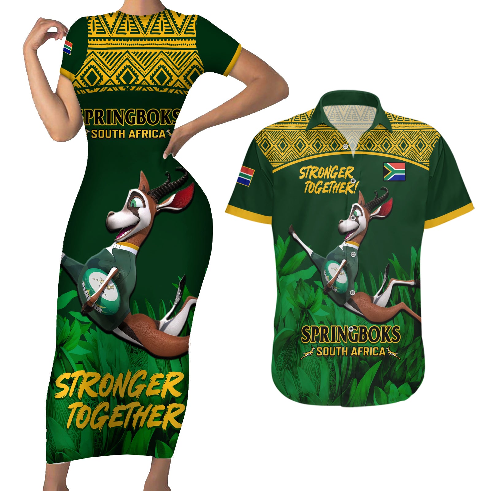 South Africa Rugby Couples Matching Short Sleeve Bodycon Dress and Hawaiian Shirt Go Bokke World Cup Champions History - Wonder Print Shop