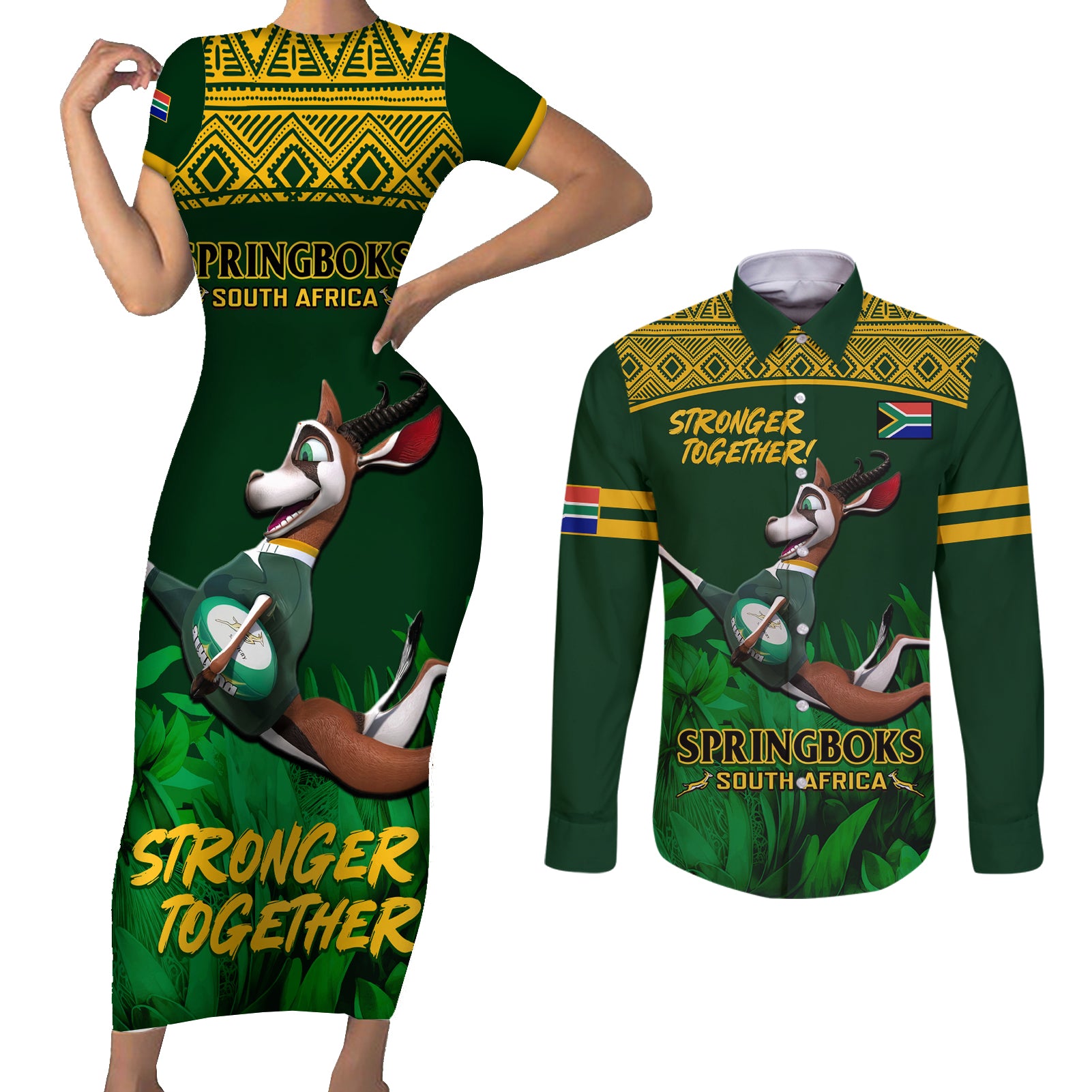 South Africa Rugby Couples Matching Short Sleeve Bodycon Dress and Long Sleeve Button Shirt Go Bokke World Cup Champions History - Wonder Print Shop