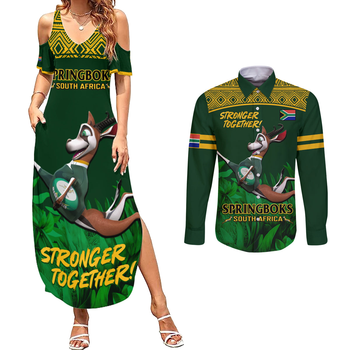 South Africa Rugby Couples Matching Summer Maxi Dress and Long Sleeve Button Shirt Go Bokke World Cup Champions History - Wonder Print Shop