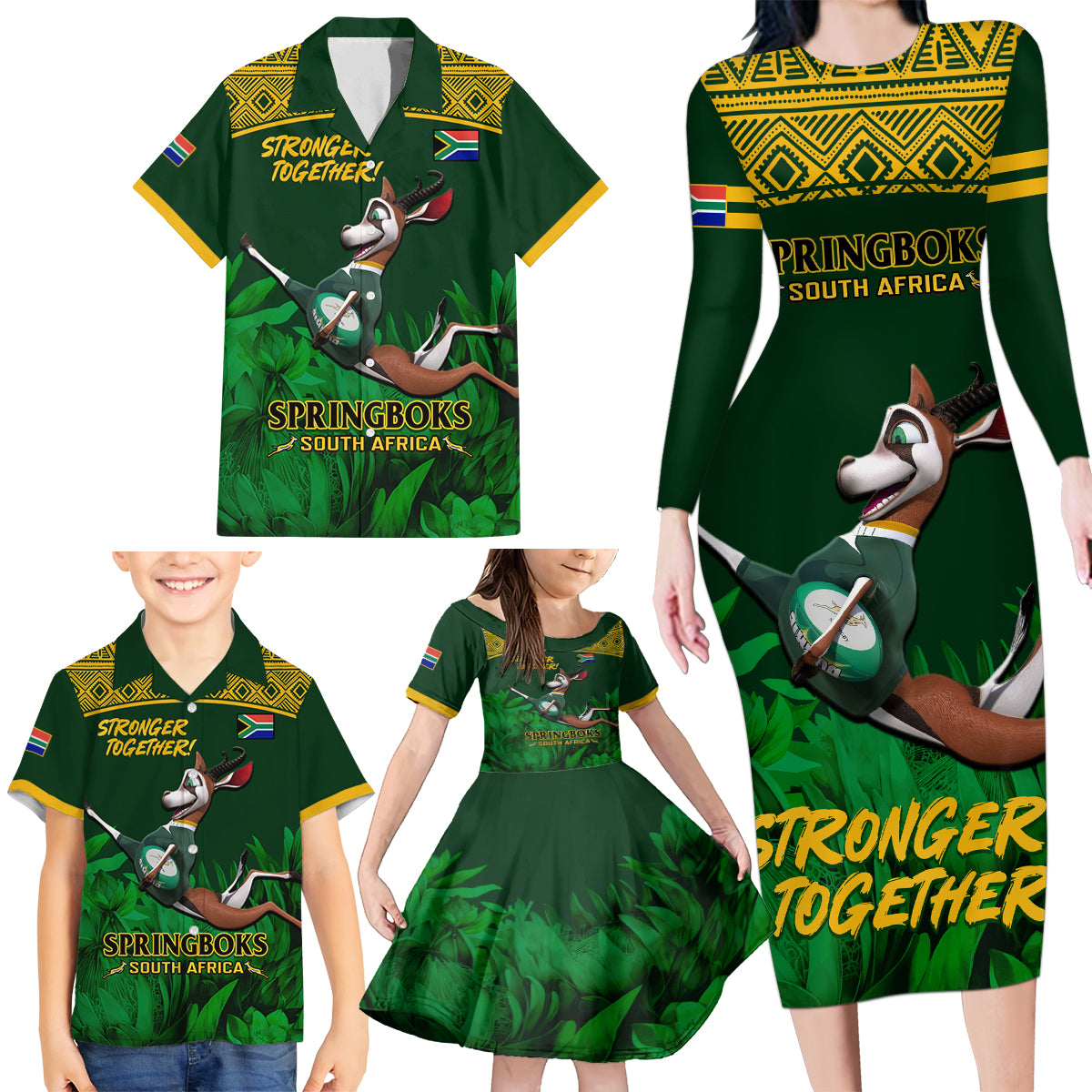 South Africa Rugby Family Matching Long Sleeve Bodycon Dress and Hawaiian Shirt Go Bokke World Cup Champions History - Wonder Print Shop