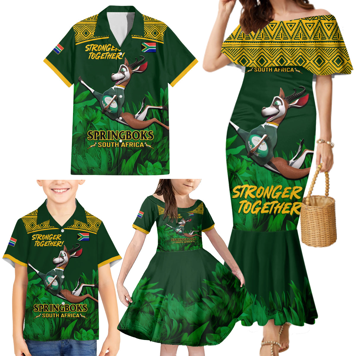 South Africa Rugby Family Matching Mermaid Dress and Hawaiian Shirt Go Bokke World Cup Champions History - Wonder Print Shop