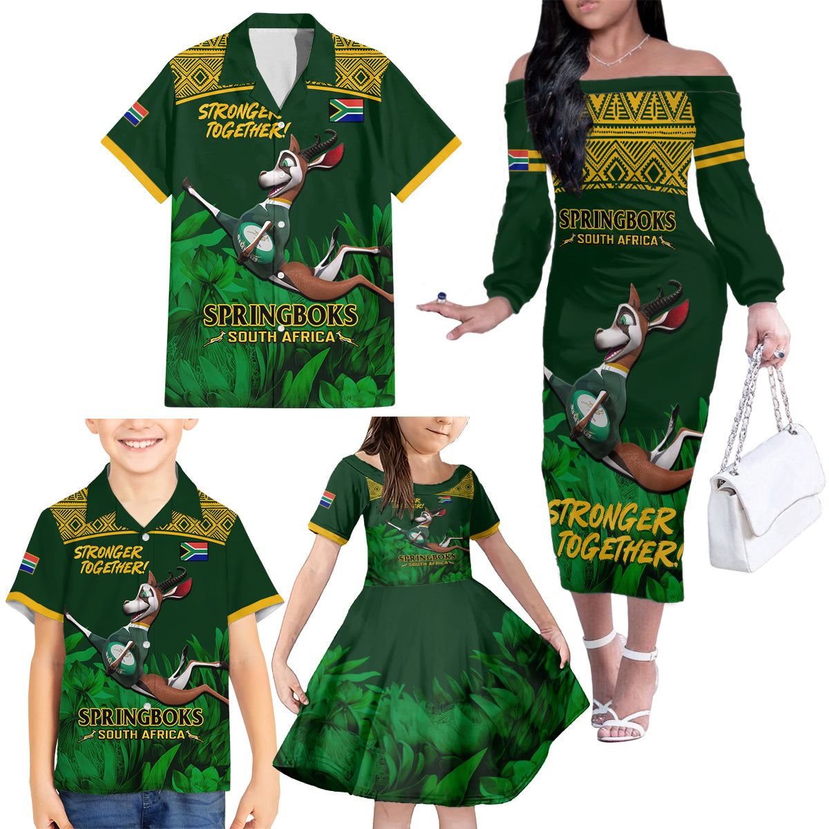 South Africa Rugby Family Matching Off Shoulder Long Sleeve Dress and Hawaiian Shirt Go Bokke World Cup Champions History - Wonder Print Shop