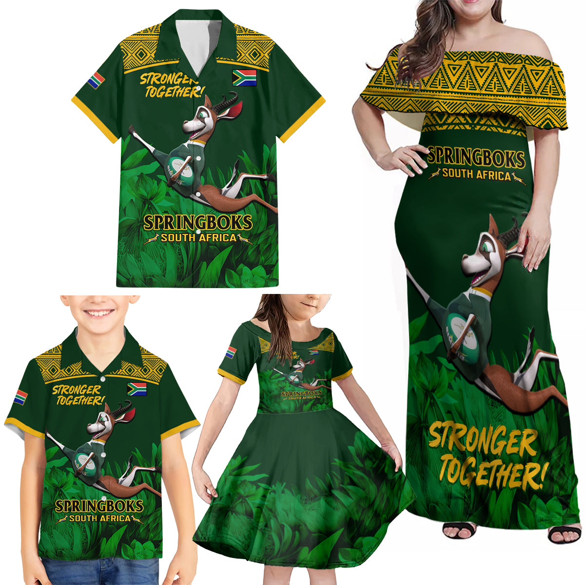 South Africa Rugby Family Matching Off Shoulder Maxi Dress and Hawaiian Shirt Go Bokke World Cup Champions History - Wonder Print Shop