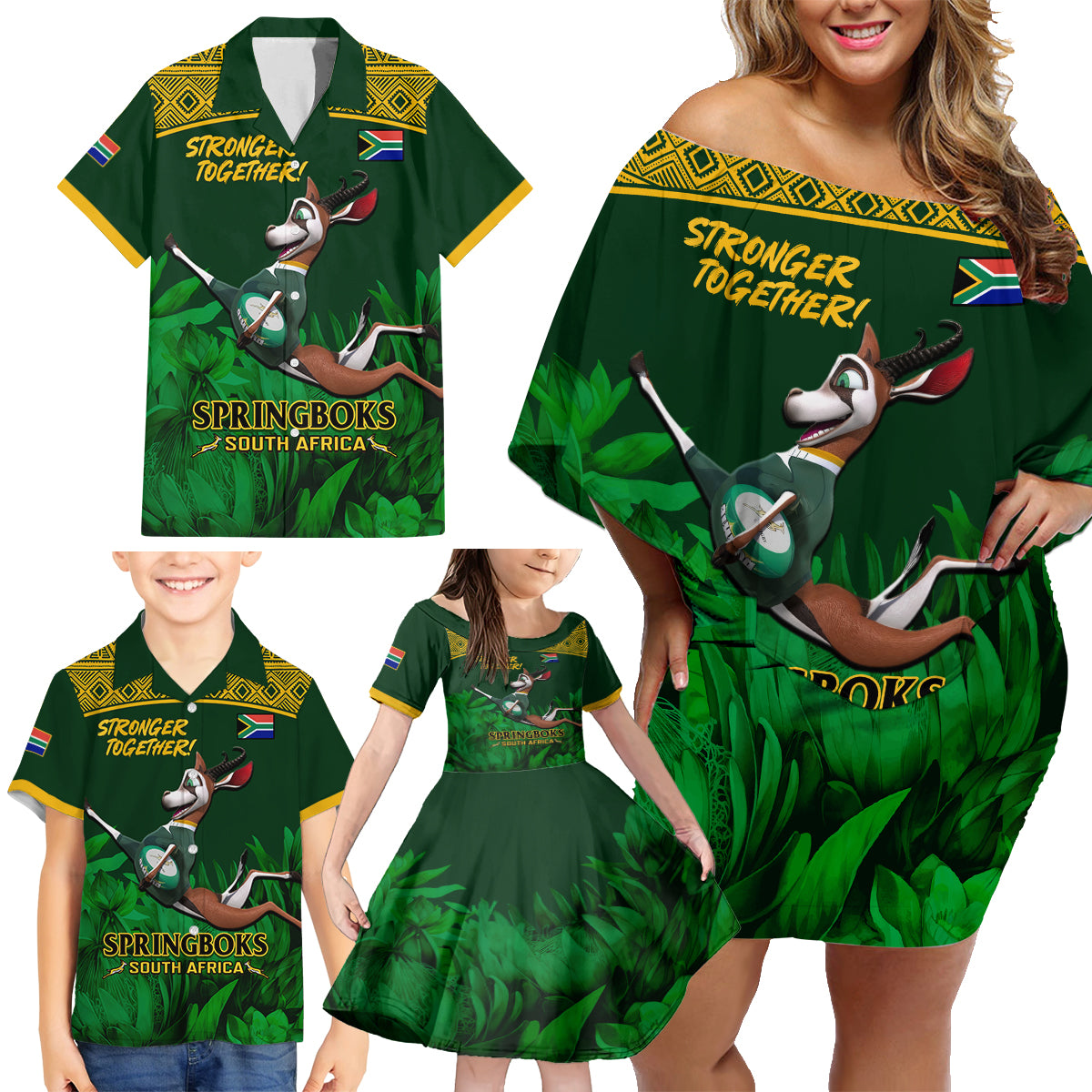 South Africa Rugby Family Matching Off Shoulder Short Dress and Hawaiian Shirt Go Bokke World Cup Champions History - Wonder Print Shop