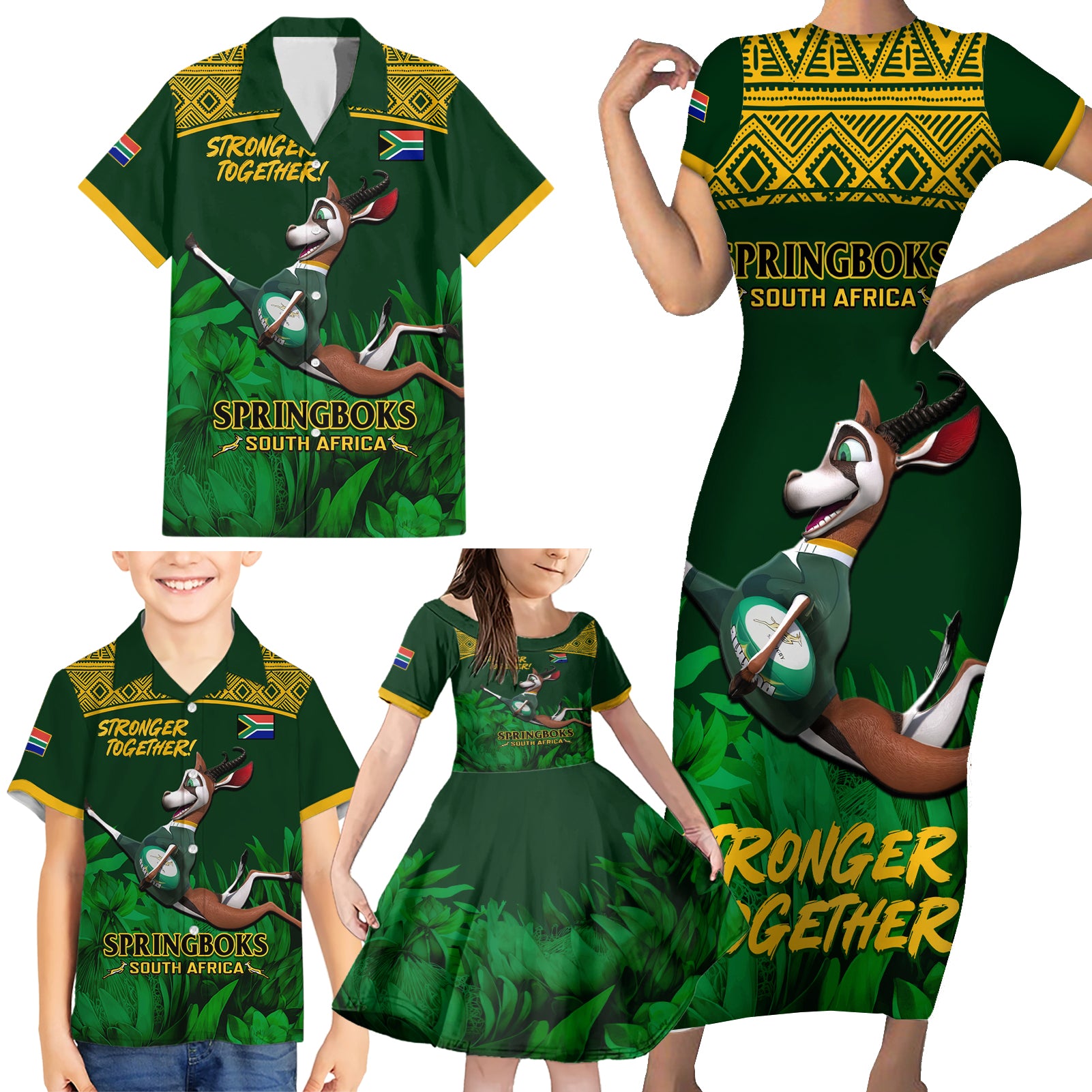 South Africa Rugby Family Matching Short Sleeve Bodycon Dress and Hawaiian Shirt Go Bokke World Cup Champions History - Wonder Print Shop