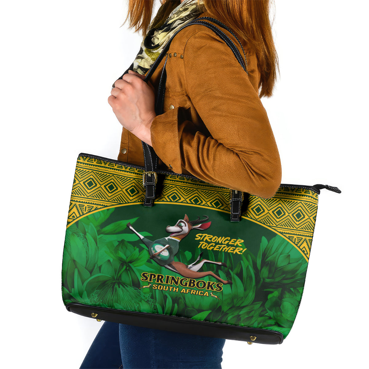 South Africa Rugby Leather Tote Bag Go Bokke World Cup Champions History - Wonder Print Shop