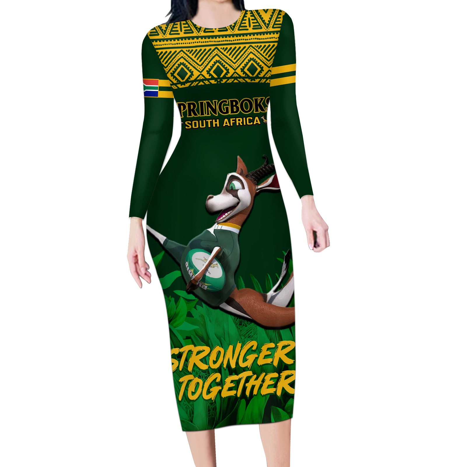 South Africa Rugby Long Sleeve Bodycon Dress Go Bokke World Cup Champions History - Wonder Print Shop