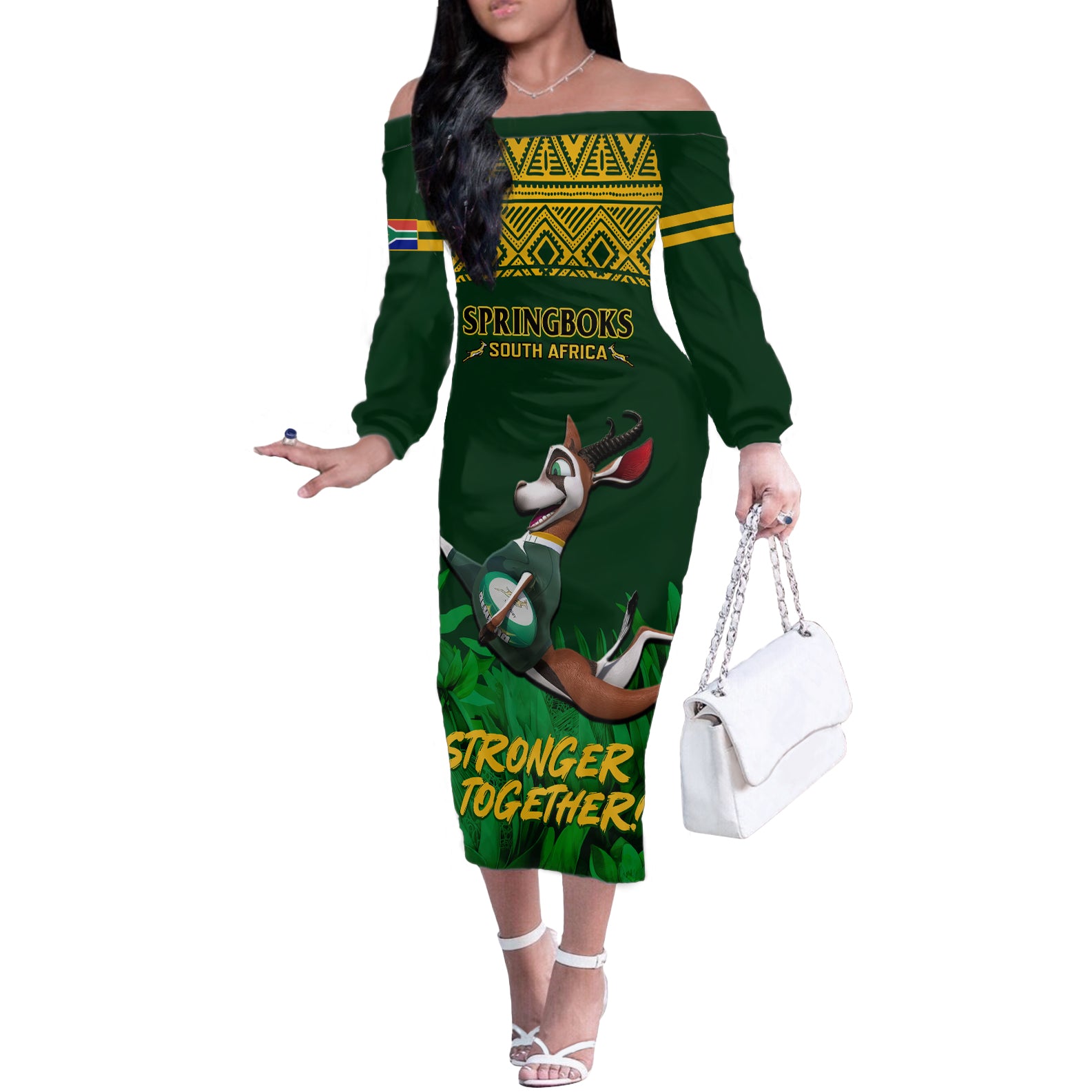 South Africa Rugby Off The Shoulder Long Sleeve Dress Go Bokke World Cup Champions History - Wonder Print Shop