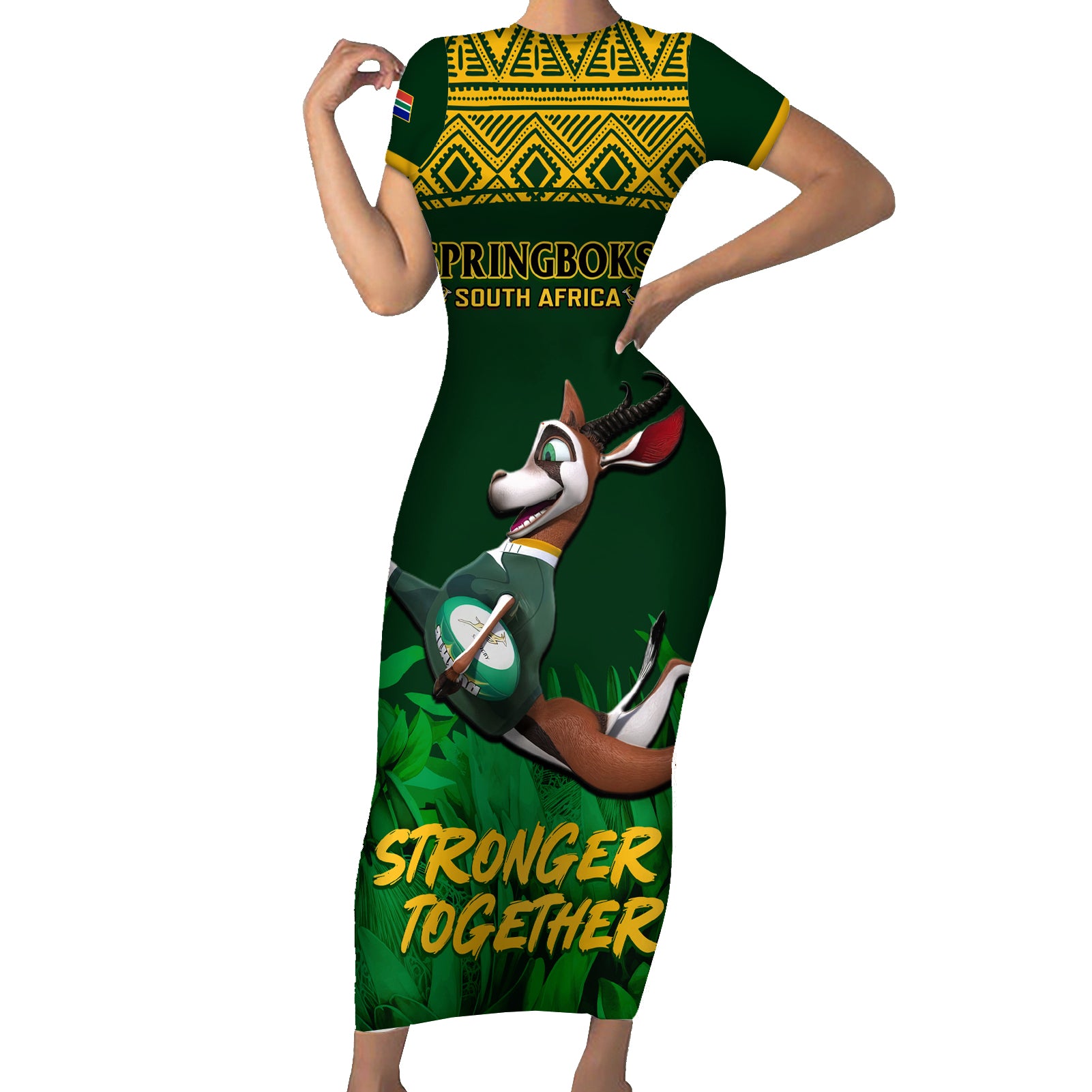 South Africa Rugby Short Sleeve Bodycon Dress Go Bokke World Cup Champions History - Wonder Print Shop