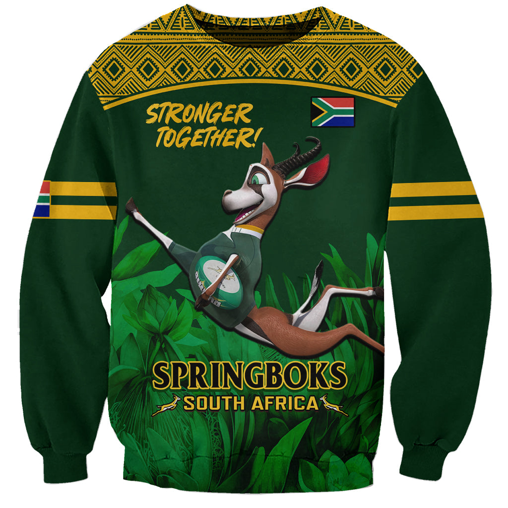 Green rugby-style sweatshirt with Springboks graphic, flag, and 'Stronger Together' text