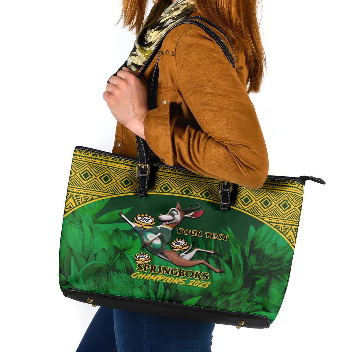 Custom South Africa Rugby Leather Tote Bag Go Bokke World Cup Champions History - Wonder Print Shop