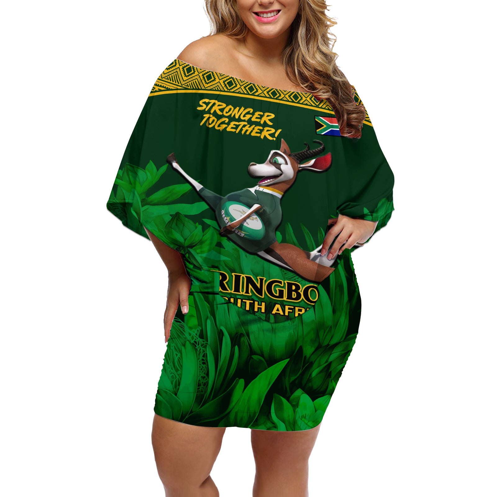 Custom South Africa Rugby Off Shoulder Short Dress Go Bokke World Cup Champions History - Wonder Print Shop