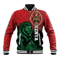 Red baseball jacket with green lion and 1963 graphic, striped collar and cuffs