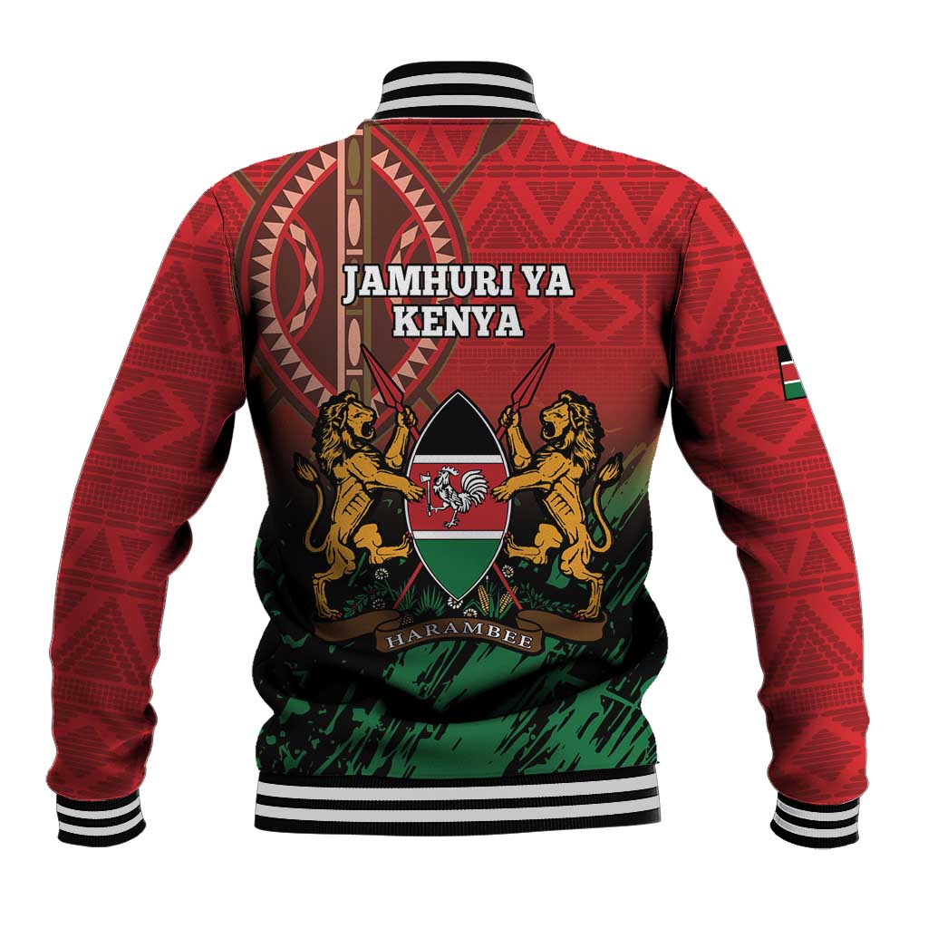 Red baseball jacket back with JAMHURI YA KENYA text, lion crest, striped collar cuffs